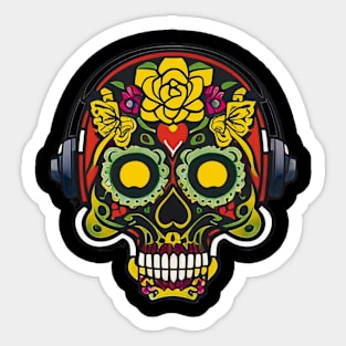 Musical Love: Sugar Skull Art - Forehead Heart and Headphones Sticker